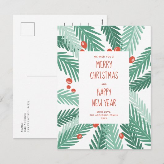 vrolijk kerstfeest. Gelukkig nieuwjaar. Pijnbomen. Feestdagenkaart (Voorkant / Achterkant)