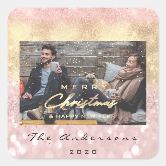 Vrolijk Kerstfeest Gelukkig Nieuwjaar Roze Goud Fo Vierkante Sticker (Voorkant)