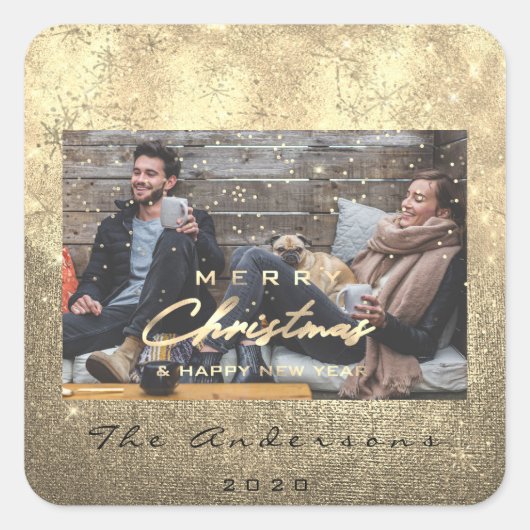 Vrolijk Kerstfeest Gelukkig Nieuwjaar Sepia Gold F Vierkante Sticker (Voorkant)