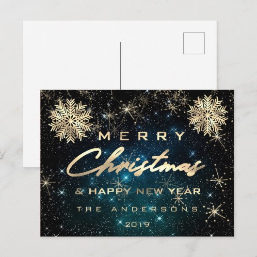 Vrolijk Kerstfeest Gelukkig Nieuwjaar Sneeuw Goud  Briefkaart (Voorkant / Achterkant)