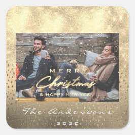 Vrolijk Kerstfeest Gelukkig Nieuwjaar Sterren Goud Vierkante Sticker