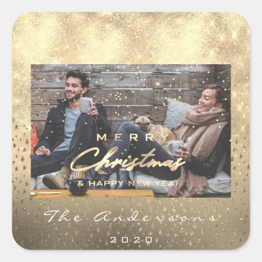 Vrolijk Kerstfeest Gelukkig Nieuwjaar Sterren Goud Vierkante Sticker (Voorkant)
