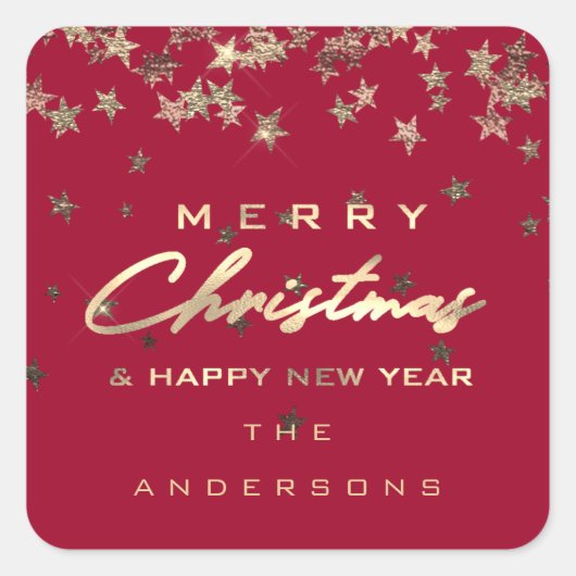 Vrolijk Kerstfeest Gelukkig Nieuwjaar Sterren Rood Vierkante Sticker (Voorkant)