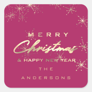 Vrolijk Kerstfeest Gelukkig Nieuwjaar Sterren Roze Vierkante Sticker