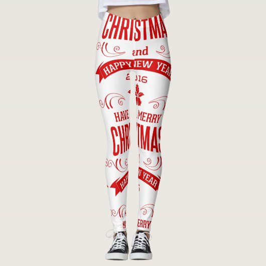 Vrolijk Kerstfeest Gelukkig Nieuwjaar Wit & Rood Leggings (Voorkant)