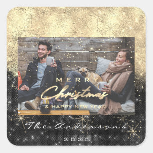 Vrolijk Kerstfeest Gelukkig Nieuwjaar Zwart Goud F Vierkante Sticker