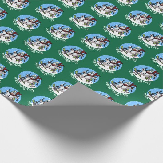 Vrolijk Kerstfeest Gelukkig skiën Sneeuwman in wol Cadeaupapier (Hoek)