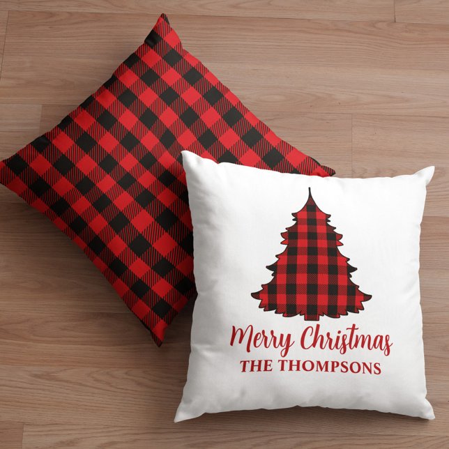 Vrolijk Kerstfeest Gepersonaliseerde Buffalo Check Kussen (Merry Christmas cute calligraphy buffalo check tree pattern pillow.)