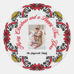 Vrolijk kerstfeest gepersonaliseerde foto rood gro ronde sticker