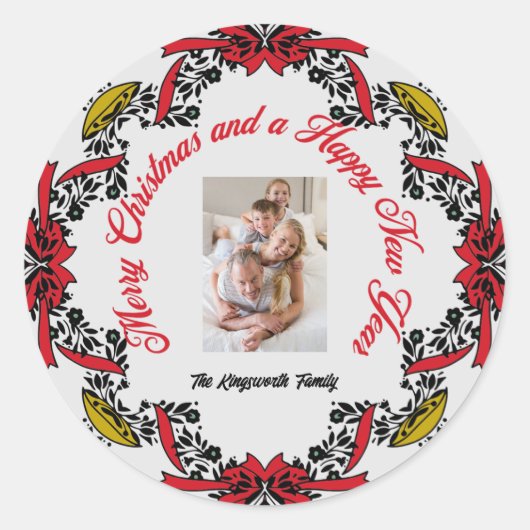 Vrolijk kerstfeest gepersonaliseerde foto rood gro ronde sticker (Voorkant)