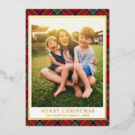 Vrolijk kerstfeest geruite foto Stewart Tartan Gol Folie Feestdagenkaart