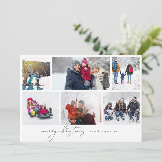 vrolijk kerstfeest geschreven elegante 6 Photo Col Feestdagenkaart (Staand voorkant)