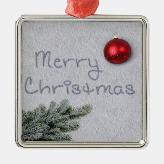 Vrolijk kerstfeest geschreven in de sneeuw metalen ornament (Voorkant)