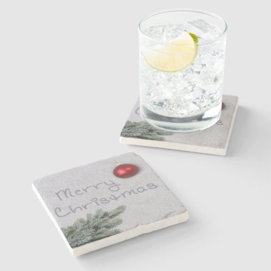 Vrolijk kerstfeest geschreven in de sneeuw stenen onderzetter (Zijkant)