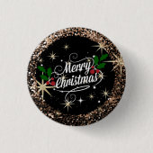 Vrolijk kerstfeest, glans en glitter ronde button 3,2 cm (Voorkant)