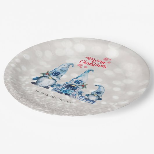 Vrolijk kerstfeest, Glitter Bokeh, Cute Blue Gnome Papieren Bordje (Gekanteld)