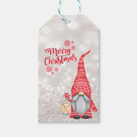 Vrolijk kerstfeest, Glitter Bokeh, Cute Gnome Cadeaulabel (Voorkant)