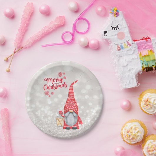 Vrolijk kerstfeest, Glitter Bokeh, Cute Gnome Papieren Bordje (Feest)