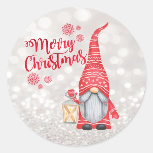Vrolijk kerstfeest, Glitter Bokeh, Cute Gnome Ronde Sticker (Voorkant)