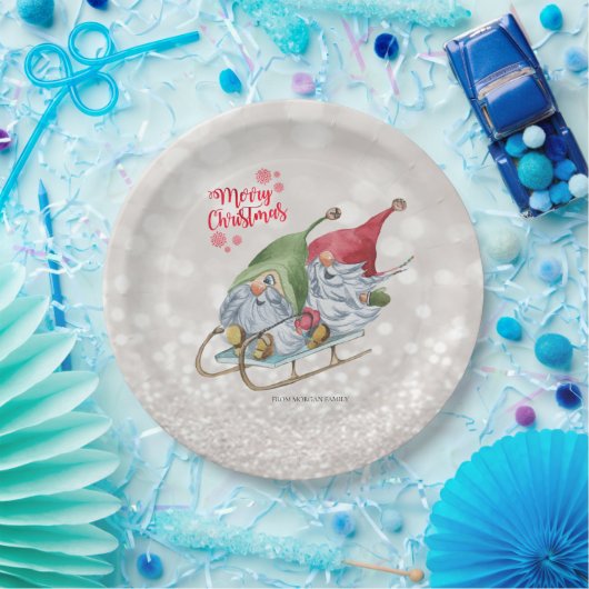 Vrolijk kerstfeest, Glitter Bokeh, Kute Gnomes Sle Papieren Bordje (Feest)