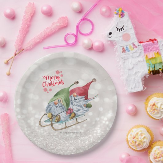 Vrolijk kerstfeest, Glitter Bokeh, Kute Gnomes Sle Papieren Bordje (Feest)