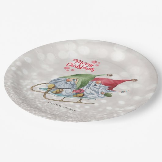 Vrolijk kerstfeest, Glitter Bokeh, Kute Gnomes Sle Papieren Bordje (Gekanteld)