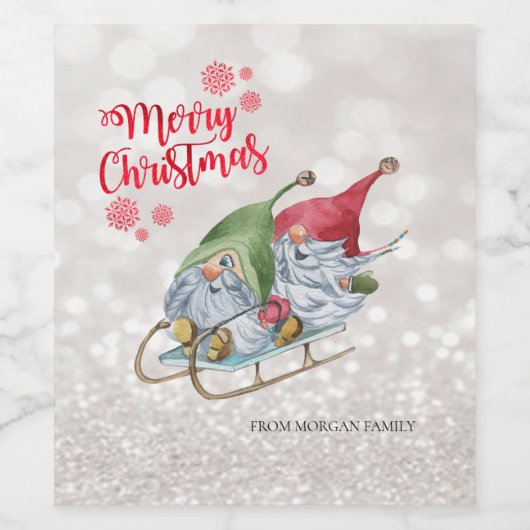 Vrolijk kerstfeest, Glitter Bokeh, Kute Gnomes Sle Wijn Etiket (Enkel label)