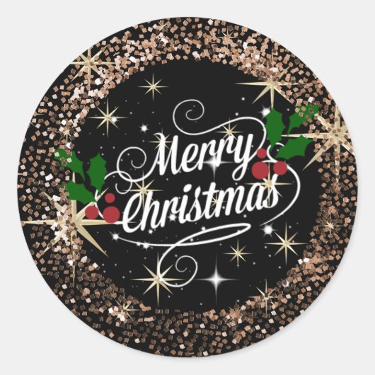 Vrolijk kerstfeest, glitter en glans ronde sticker (Voorkant)