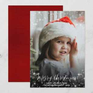Vrolijk kerstfeest Glitter Stars Foto Overlay Red Feestdagenkaart
