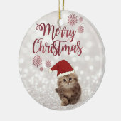 Vrolijk kerstfeest, glitterie Bokeh, kat met Santa Keramisch Ornament (Links)
