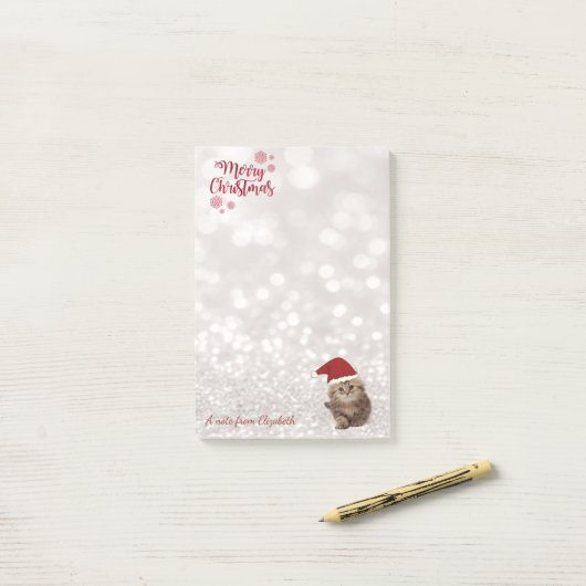 Vrolijk kerstfeest, glittery Bokeh, Cat with Santa Post-it® Notes (Op bureau)