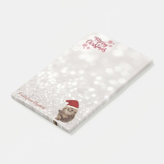 Vrolijk kerstfeest, glittery Bokeh, Cat with Santa Post-it® Notes (Schuin)