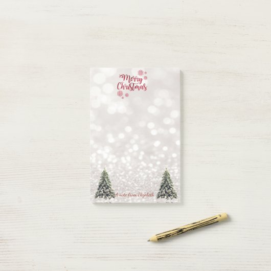 Vrolijk kerstfeest, Glittery Bokeh, Pine Trees Post-it® Notes (Op bureau)