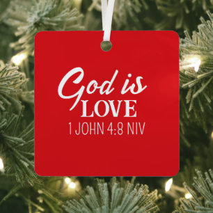 Vrolijk Kerstfeest God is Liefde Bijbelvers Rood Metalen Ornament