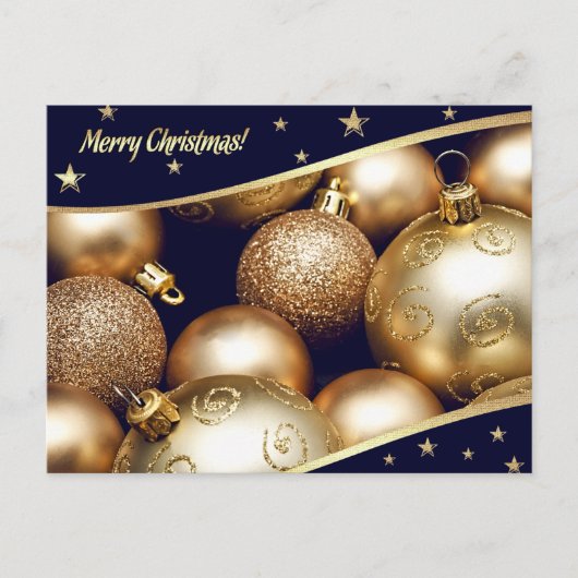 Vrolijk kerstfeest. Gold Baubles Feestdagenkaart (Voorkant)