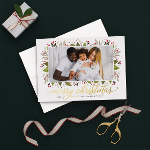 Vrolijk kerstfeest Gold Elegant Script Greenery Fo Folie Feestdagenkaart