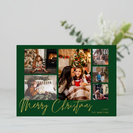 Vrolijk kerstfeest Gold Foil Multi Photo - Green Folie Uitnodiging (Staand Voorkant)