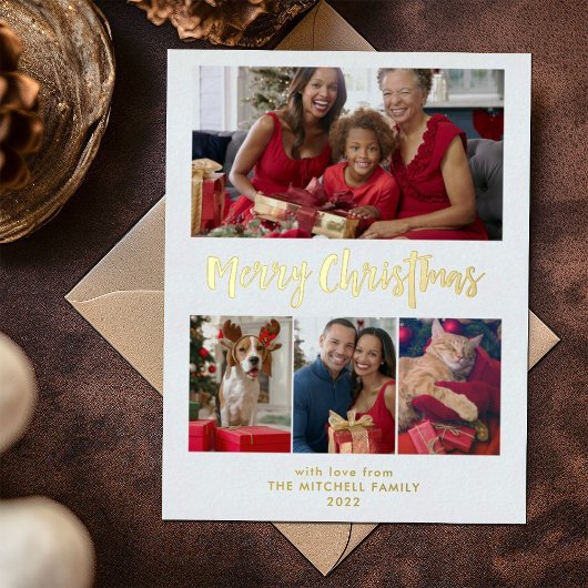 Vrolijk kerstfeest | Gold Foil Multi Photo Grid Folie Feestdagen Briefkaart