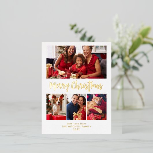 Vrolijk kerstfeest | Gold Foil Multi Photo Grid Folie Feestdagen Briefkaart (Staand Voorkant)