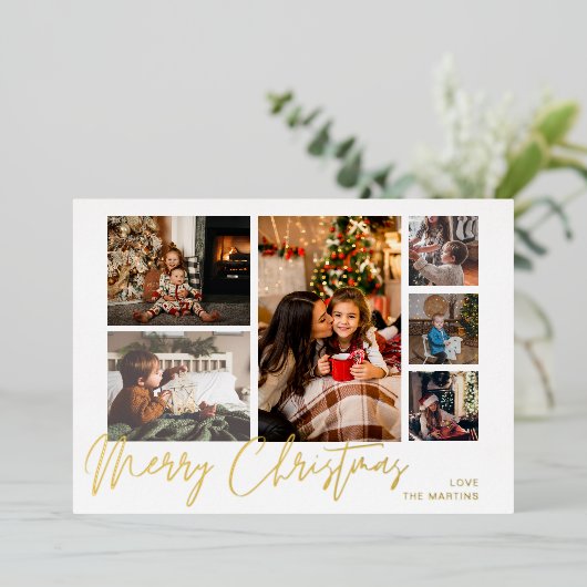 Vrolijk kerstfeest Gold Foil Multi Photo - White Folie Uitnodiging (Staand Voorkant)