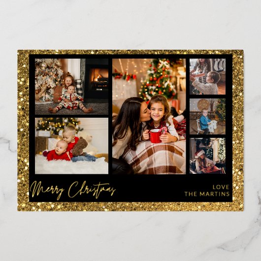 Vrolijk kerstfeest Gold Glitter Multi Photo Folie Uitnodiging (Voorkant)