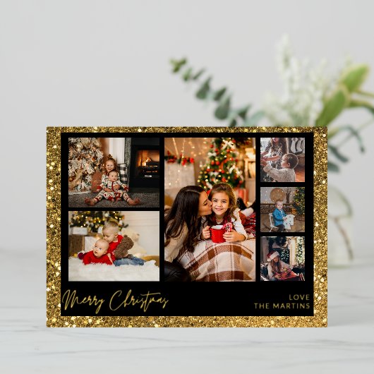 Vrolijk kerstfeest Gold Glitter Multi Photo Folie Uitnodiging (Staand Voorkant)