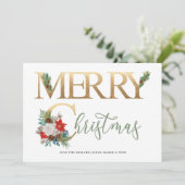 Vrolijk kerstfeest Gold Green Poinsettia en Pine Feestdagenkaart (Staand voorkant)