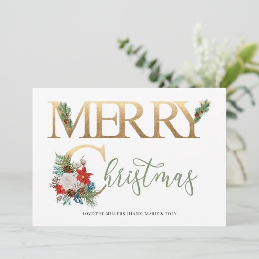 Vrolijk kerstfeest Gold Green Poinsettia en Pine Feestdagenkaart (Staand voorkant)