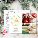 Vrolijk kerstfeest Gold Holiday met 2 foto's Briefkaart<br><div class="desc">Verstuur kerstvakantie Cheer met dit feestelijke briefkaart met uw twee foto's en een faux gold vakantie sneeuwvlok krans. De achterkant biedt ruimte voor een getypte notitie of verwijderen om ruimte over te laten voor een handgeschreven notitie. Leuk en feestelijk maar toch eenvoudig en modern - een kaart die zeker vakantiegoederen...</div>