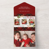 Vrolijk kerstfeest Gold Leaves 3-Foto Red Tartan All In One Uitnodiging (Binnen)