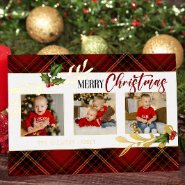 Vrolijk kerstfeest Gold Leaves 3-Foto Red Tartan Folie Feestdagenkaart