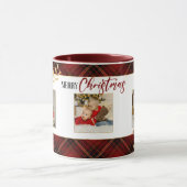 Vrolijk kerstfeest Gold Leaves 3-Foto Red Tartan Mok (Midden)