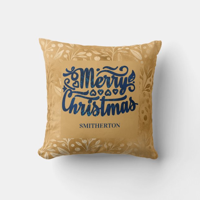 Vrolijk kerstfeest Gold Navy Blue Brush Script Nam Kussen (Voorkant)