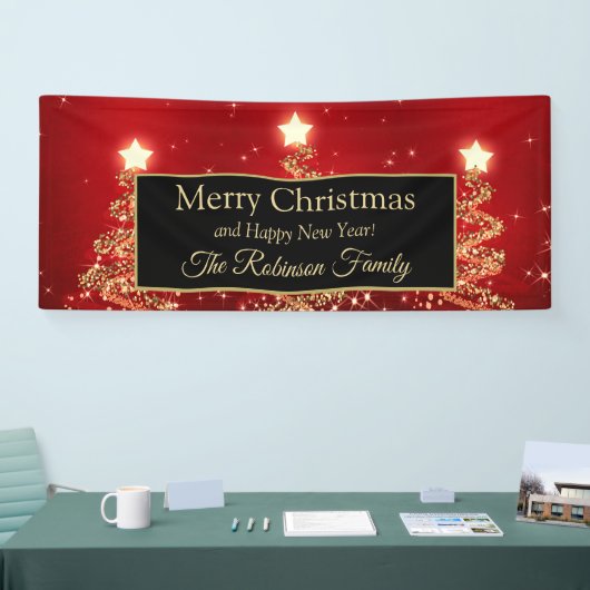 Vrolijk kerstfeest Gold Red-mousserende bomen Spandoek (Beurs)